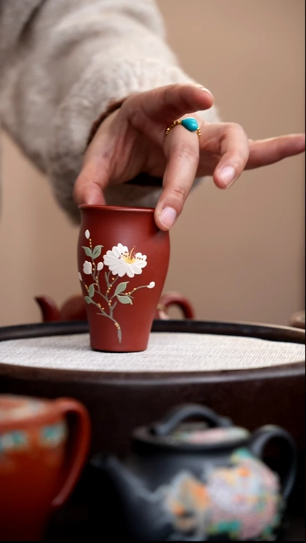 茶壶紫砂朱泥闻香杯泥绘白花