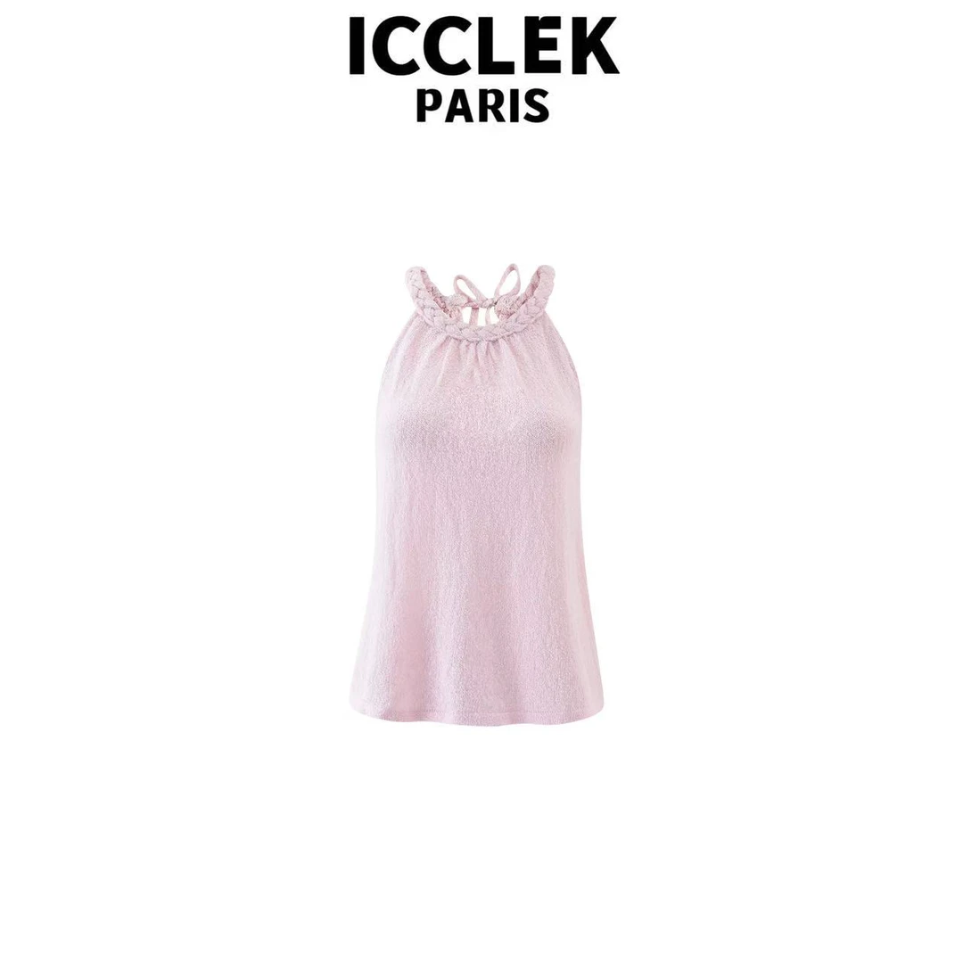 ICCLEK 粉色减龄抽绳显瘦背心百搭无袖休闲时尚圆领甜美气质-5671