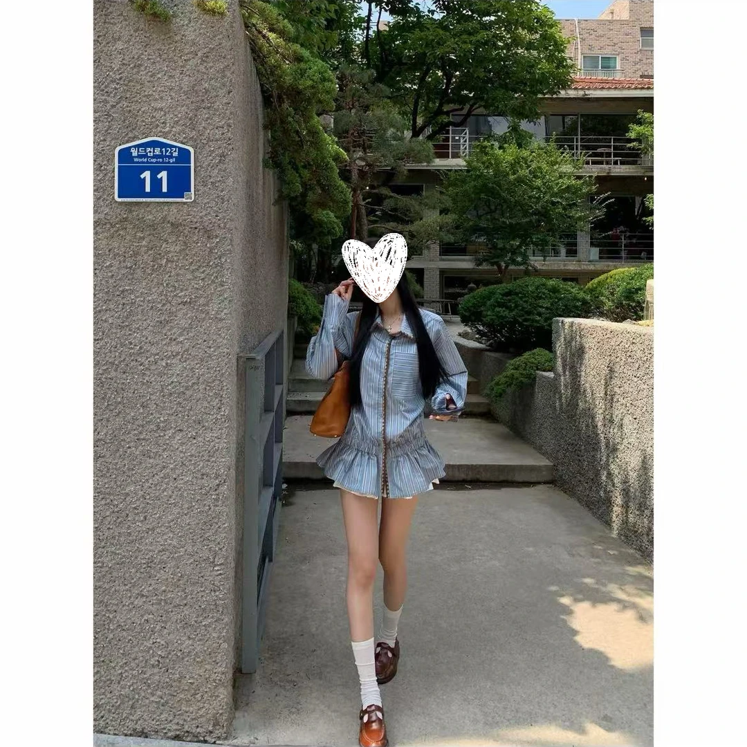 秋季气质贝壳绣设计感条纹翻领BD衬衫