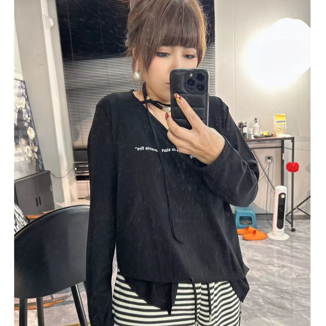 D1549长袖V领印花字母中长款T恤设计师内搭百搭小衫