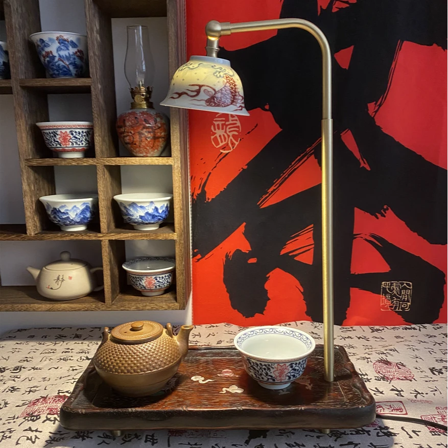 刚师傅陶瓷台灯新中式喝茶氛围灯茶桌茶室灯摆件纯铜实木螺钿镶嵌