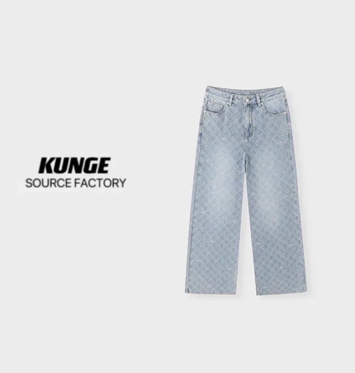 KUNGE-25女款爆款新款浅蓝色锦鲤格纹直筒牛仔拖地裤-9768