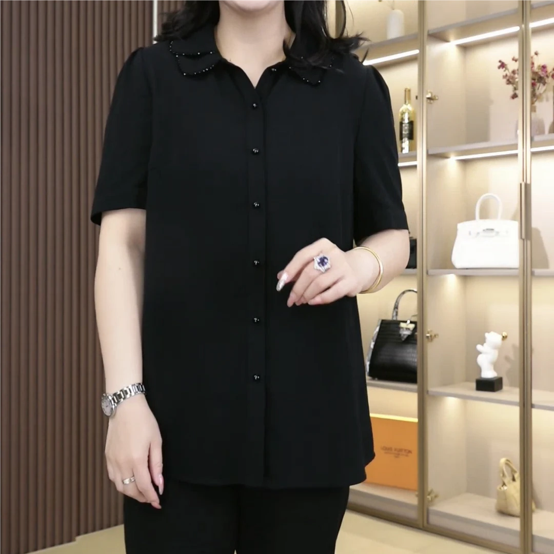 夏季新款大码女装时尚气质宽松遮肉显瘦串珠翻领衬衫250527