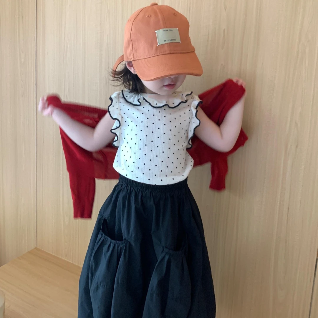 小惜亦夏童装女童韩系娃娃领花边波点背心黑色阔腿裤萌娃穿搭套装