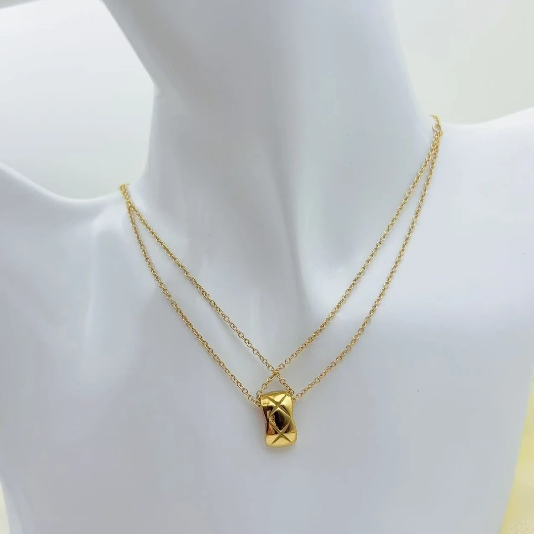 钛钢项链 【Kiss娜】钛钢3474时尚精致双链条菱格项链