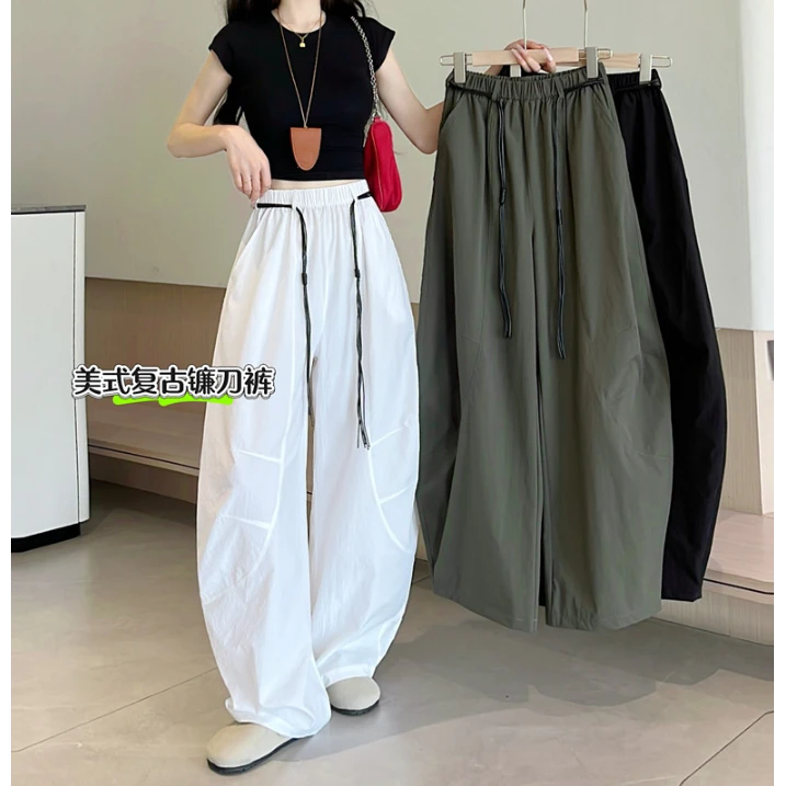 美式复古弯刀裤女夏季宽松慵懒白色阔腿高腰休闲速干运动镰刀裤