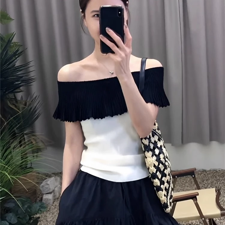 法式高级荷叶边一字肩上衣女2025夏季新款冰丝针织小衫设计感小众