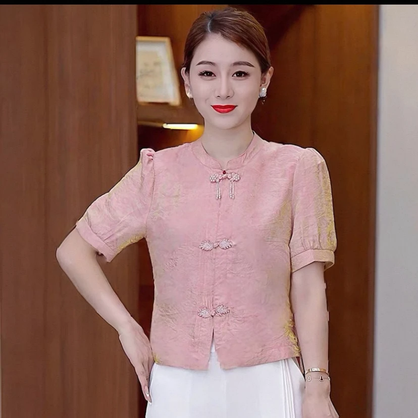 新中式国风短袖提花衬衫女装2025夏季新款盘扣上衣气质旗袍衬衣