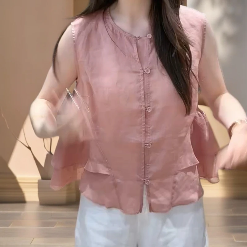 夏季圆领时尚气质单排扣荷叶边无袖小衫C5628