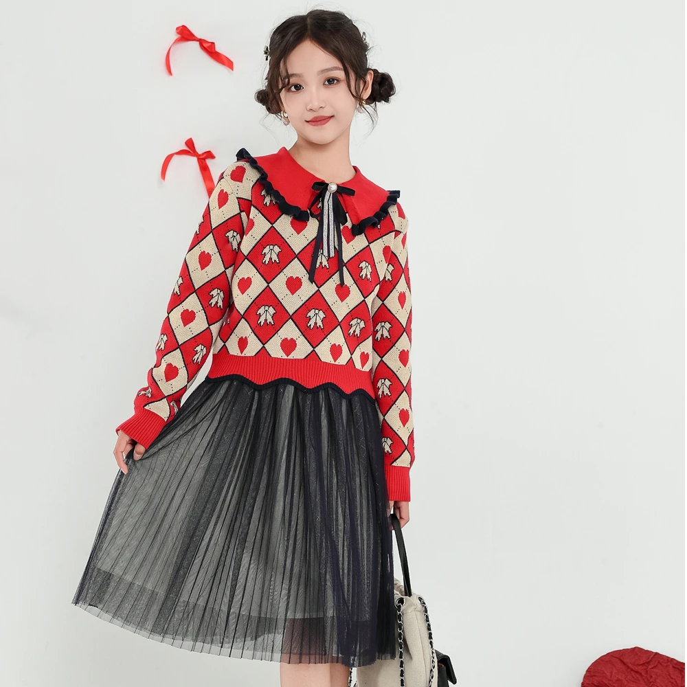 年服女大童秋冬套装贺岁服翻领毛衣+连衣裙两件套-HTZ83002