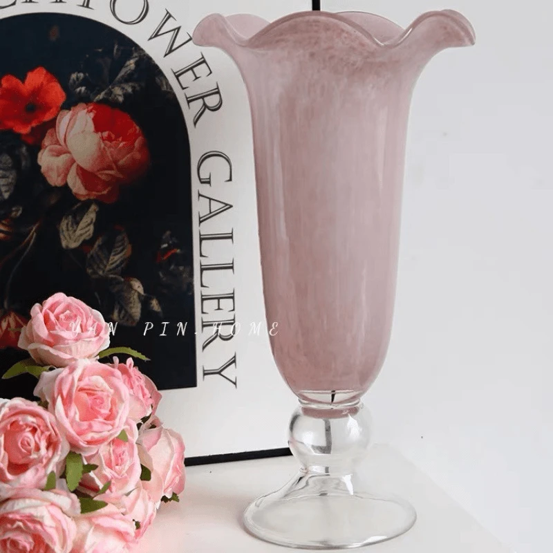 【JMu】中古藕粉法式铃兰高脚芬顿复古琉璃花瓶高脚花朵重工琉璃