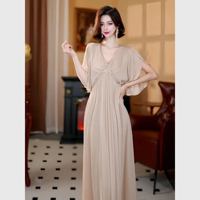 夏季绝美长裙法式轻奢高级感超好看大方得体气质掐腰杏色连衣裙子