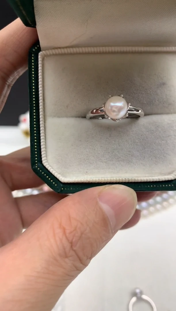 银S925镶嵌ff海水珍珠akoya白珠戒指6~7mm