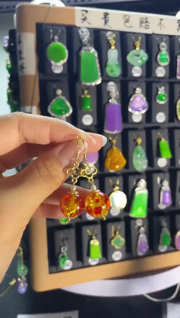 银S925镶嵌琥珀耳饰029...