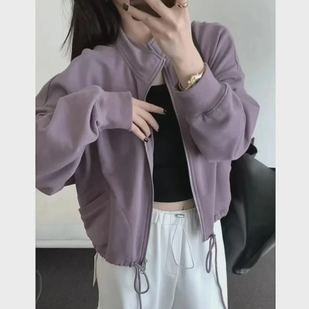 Q2875【特价-占单者限购】立领拉链下摆抽绳慵懒休闲范拉链卫衣3822