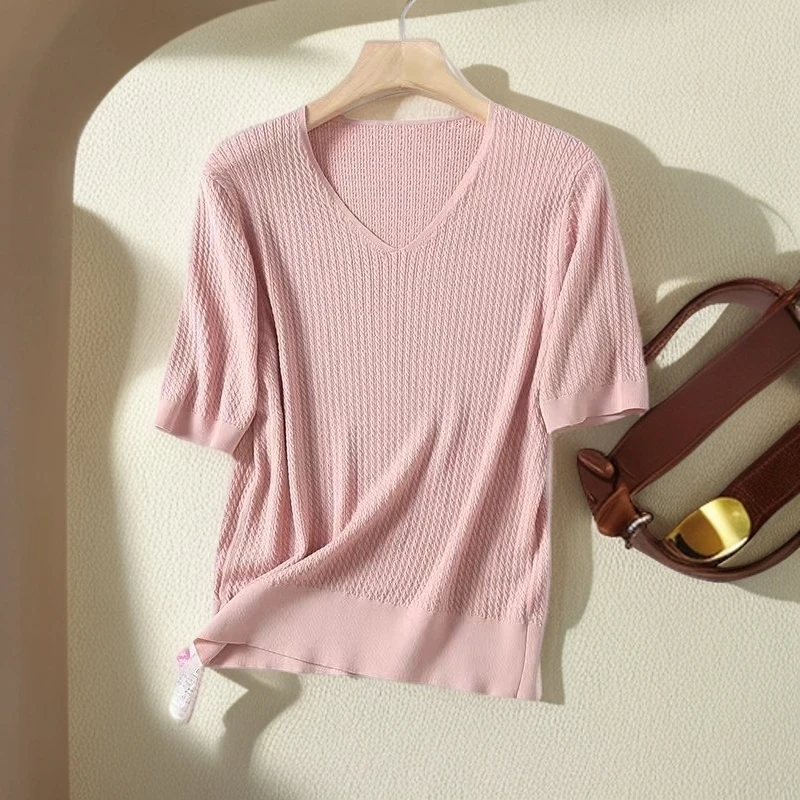 【现货】兰朵桑蚕丝天丝V领显瘦打底针织衫 薄款麻花气质短袖