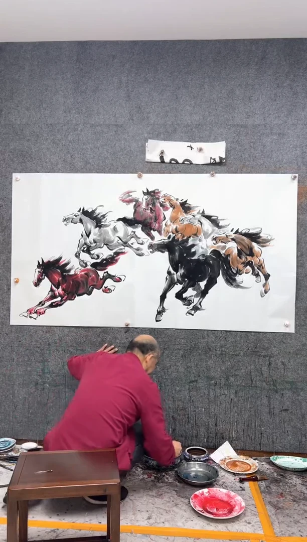 纸本国画孟**行定制 水墨六骏 160X50cm