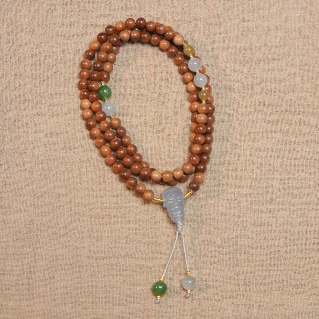 【一念稚心】印度老山檀6mm黑肉横纹+烟紫和田玉雕刻三通 设计师款