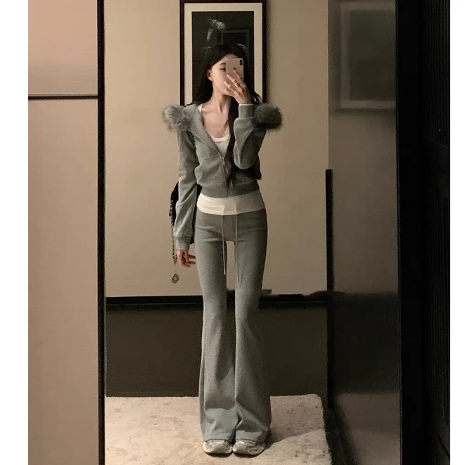 【正版】毛领连帽卫衣外套女2025秋冬新款高腰微喇休闲拖地长裤套装