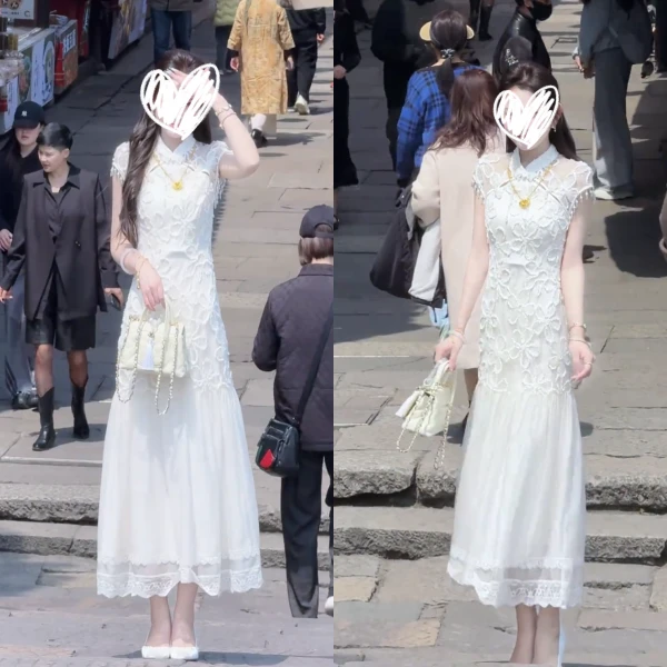 2025夏季新中式国风重工盘花珠袖改良旗袍收腰显瘦盘扣显瘦裙女