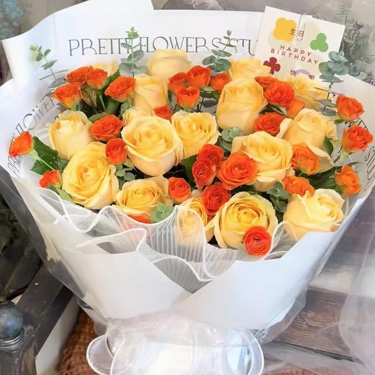 【A3 香槟10枝+多头橙芭比10枝+向日葵+配草】