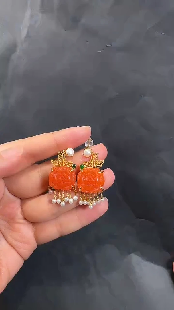 银S925镶嵌南红玛瑙耳饰多样性发一