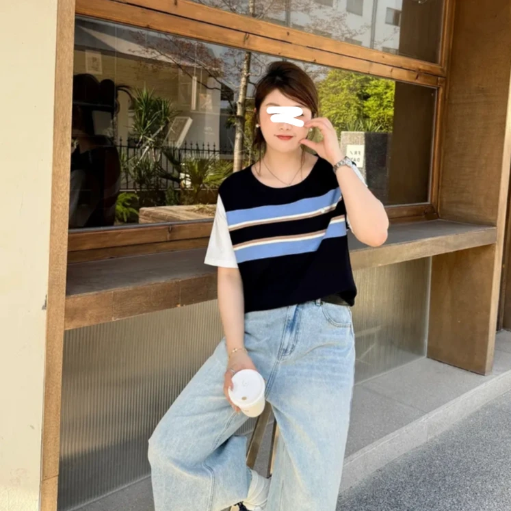 特大码女装夏季新款条纹时尚学院风短袖假两件针织衫T恤上衣3121