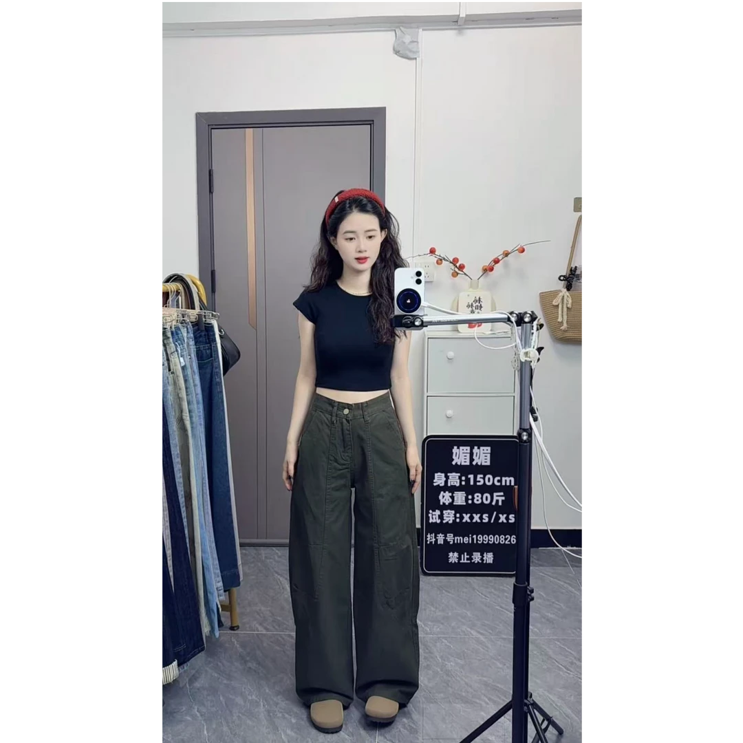 小个子工装裤美式复古弯刀阔腿裤女款爆款高腰宽松显瘦牛仔裤裤子