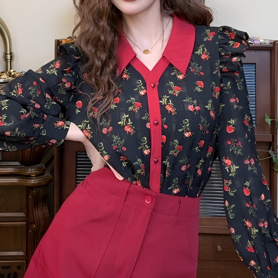 清【港万】复古玫瑰印花设计感长袖衬衫Y3448