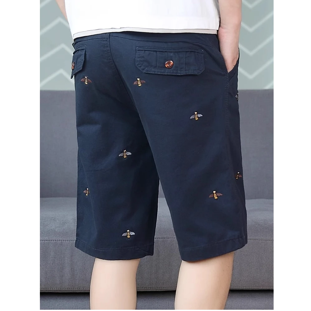轻奢时尚小蜜蜂刺绣工装短裤男士夏季薄款水洗男装高端休闲五分裤