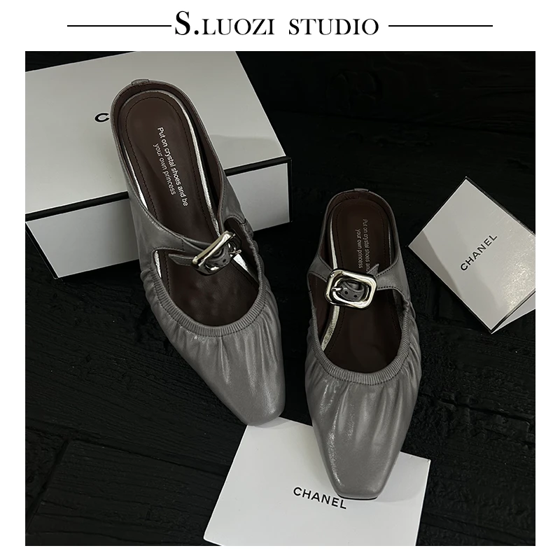 低跟气质凉拖千金风方头平底粗跟欧美风包头拖半拖