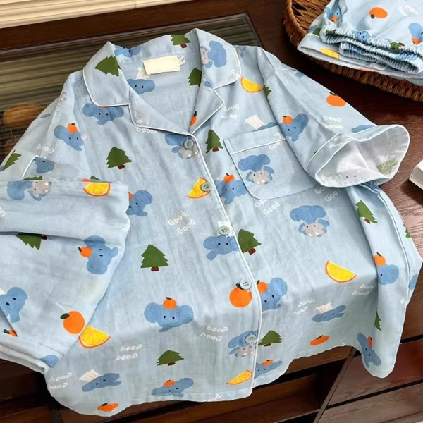 大码胖mm蓝色睡衣女夏季卡通可爱小象短袖开衫家居服外穿套装夏款