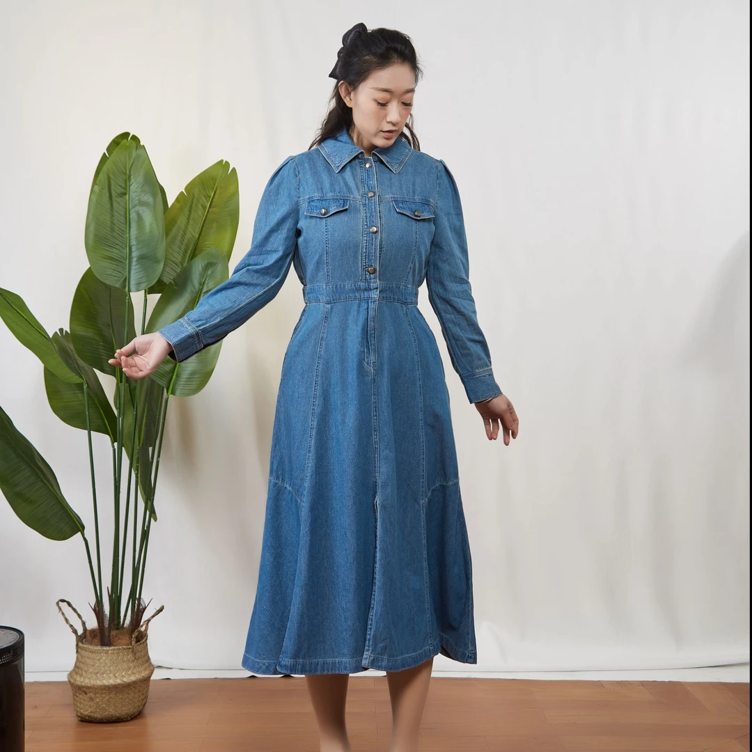 2025年春季新款女士翻领牛仔长裙美式复古A字伞裙