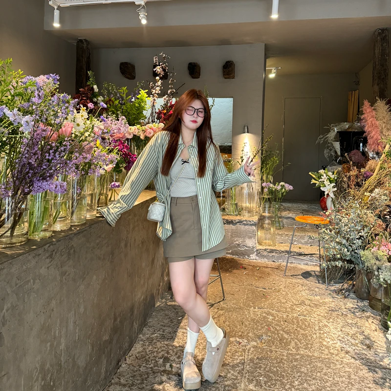 南岛风大码女装新款春薄荷曼波防晒条纹胖mm上衣开衫衬衫ZYY379