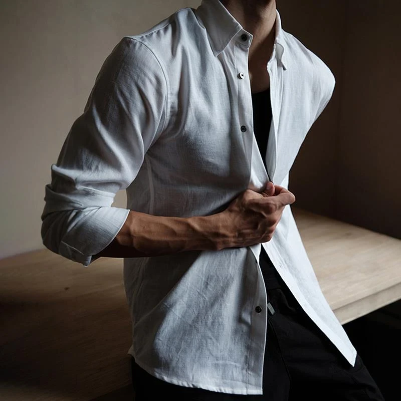 美式亚麻长袖衬衫纯色天丝凉感透气翻领衬衣男士休闲商务纽扣上衣