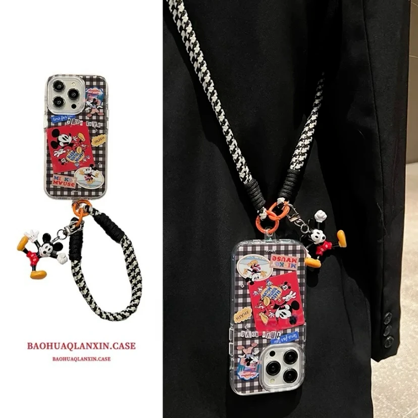 黑白格纹英文米奇贴纸适用苹果16promax手机壳iPhone15pro防摔14