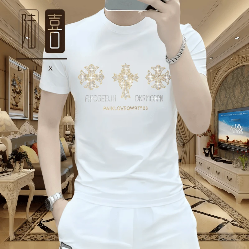 男士夏季冰丝短袖烫钻时尚休闲百搭潮流修身轻奢个性帅气圆领T恤