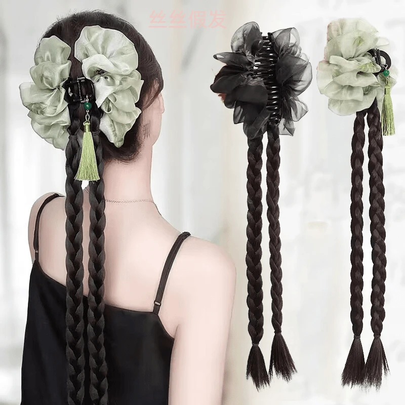 【浮翠山青】新中式假发辫子水墨抓夹双辫子马尾假发鲨鱼夹麻花辫女