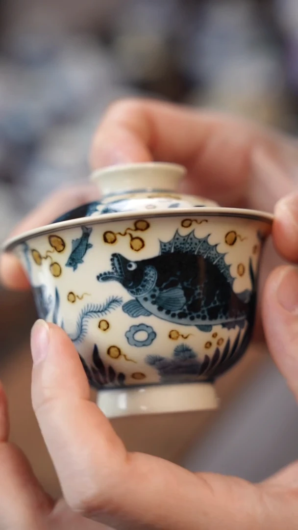 釉il金鱼藻盖碗11111