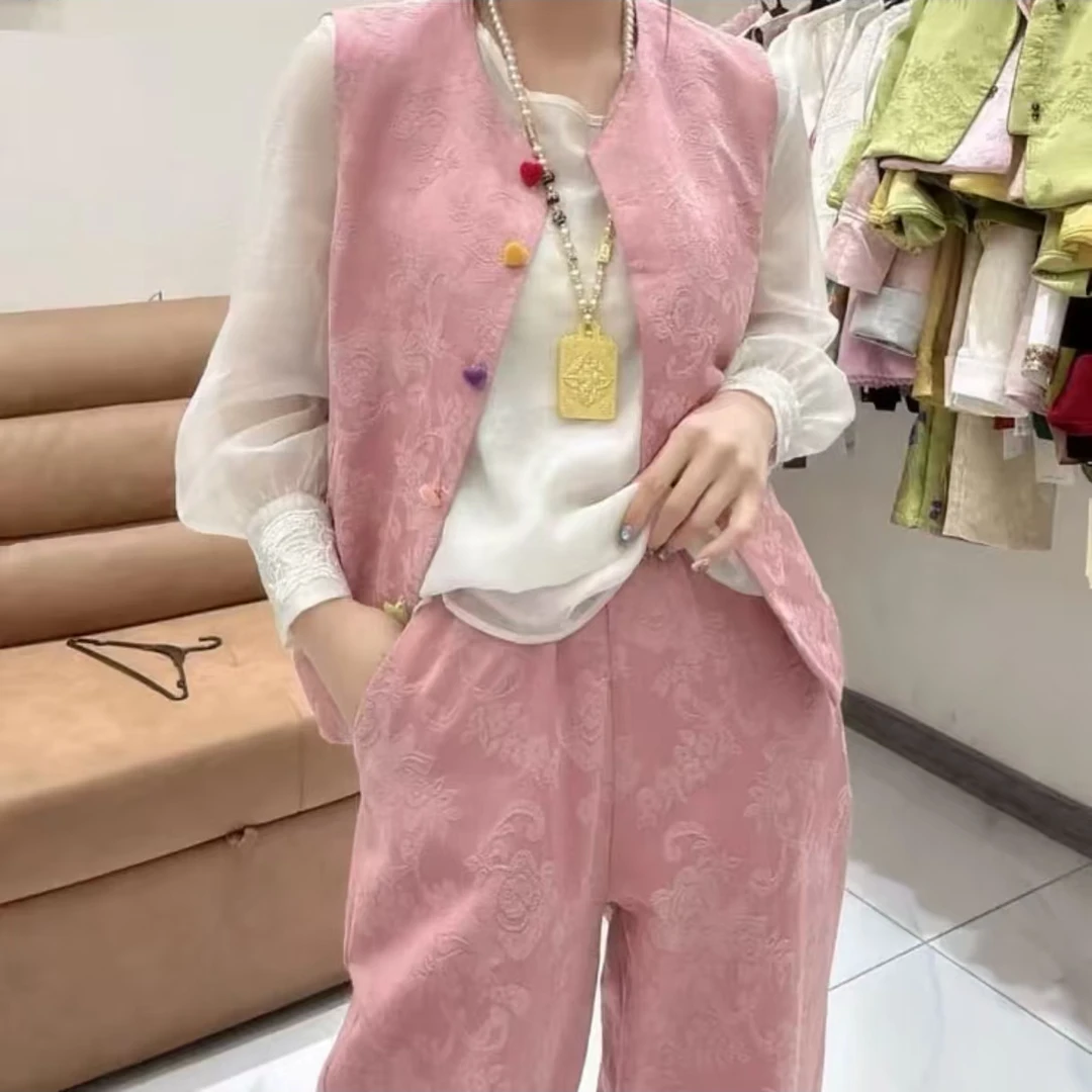 国风刺绣提花彩扣马甲裤子两件套