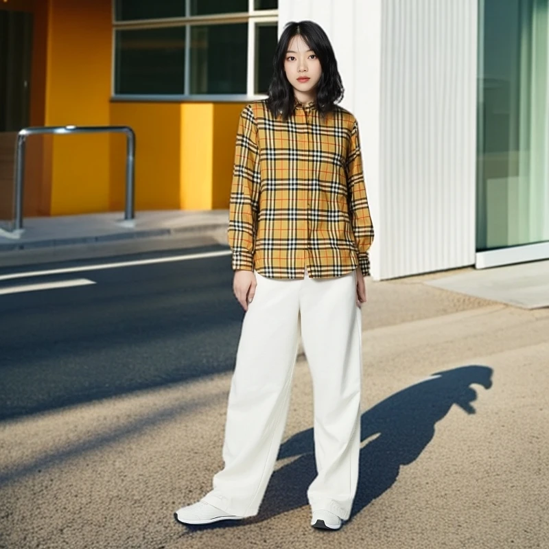 99新 BURBERRY/博柏利 11109292经典格纹翻领女款衬衫 卡其色 uk8