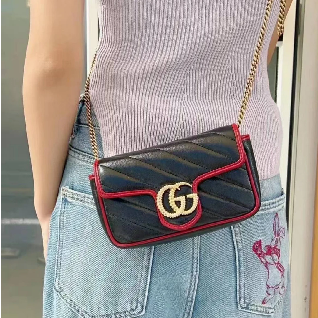 95新 GUCCI/古驰 蔚蓝中古/mini marmont黑拼红全皮链条包