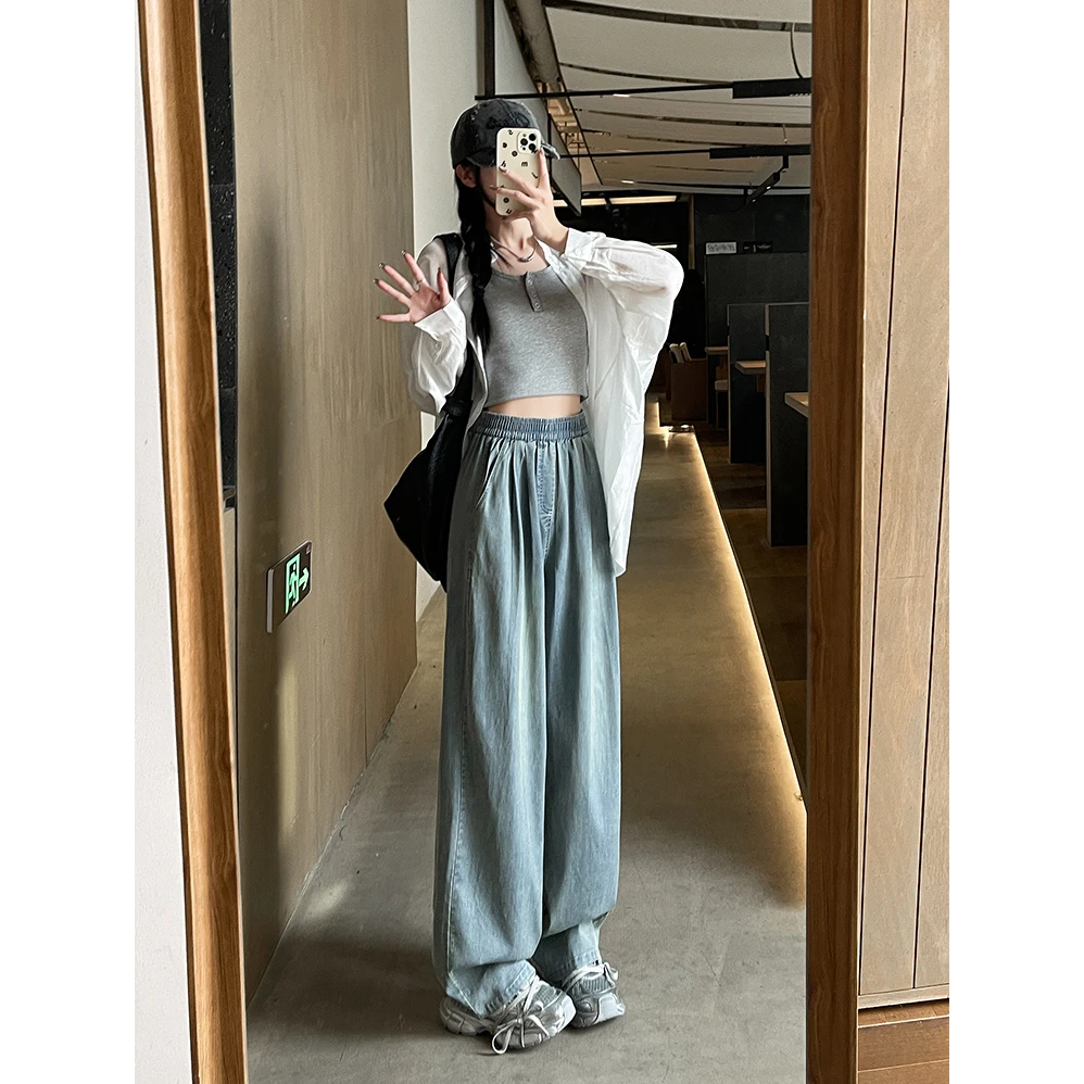 蓝色牛仔裤女2025新款春秋高腰垂感显瘦宽松春季爆款高级感阔腿裤