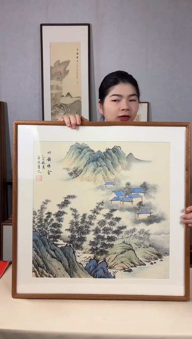 国画手绘*竹韵雅舍*62*62cm实木框