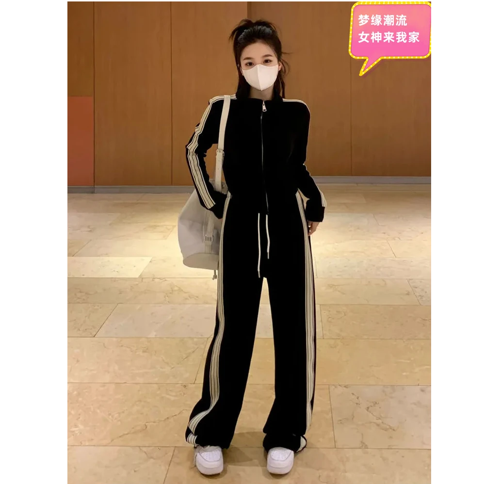 韩版大码休闲运动春季胖mm显瘦时尚卫衣港风韩系阔腿长裤两件套女