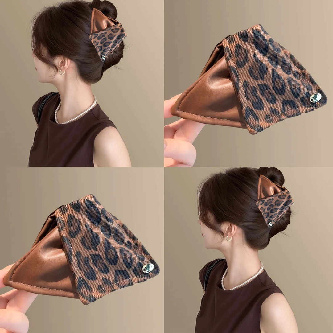 美拉德系列~早秋韩系复古豹纹三角抓夹女接新款高马尾后脑勺头巾