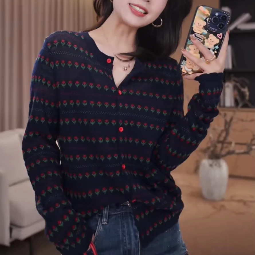 法式休闲款时尚条纹针织衫女爆款2025新款早秋季开衫外套洋气薄款