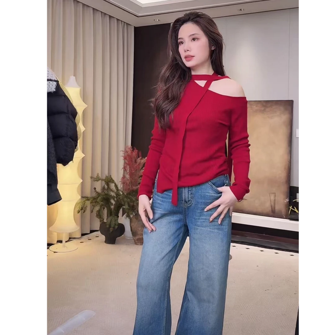 【XSY】VK-圆领多穿侧漏肩可系带露肩飘带下摆不规则羊毛套衫