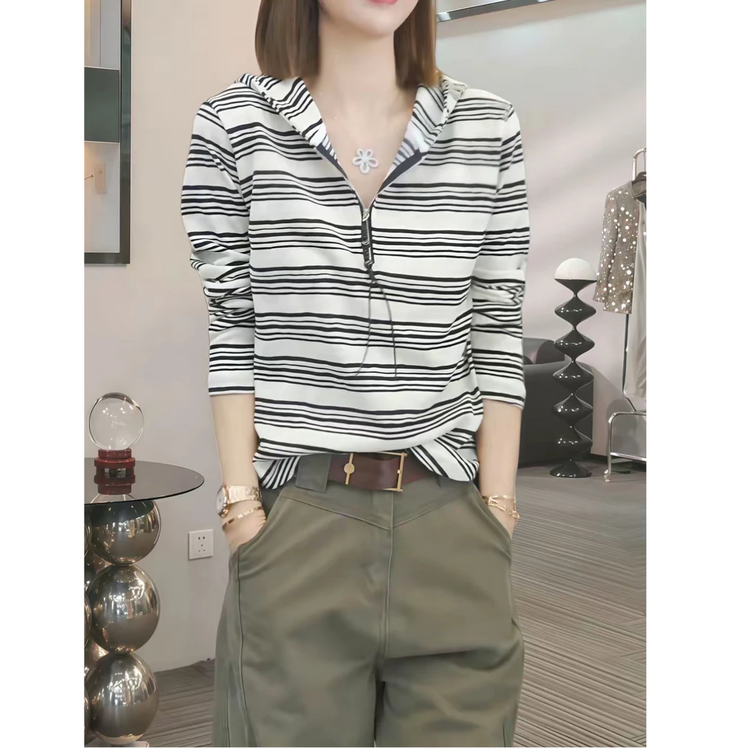 高级感条纹连帽长袖t恤女装春秋冬内搭新款早秋帽衫上衣打底衫潮