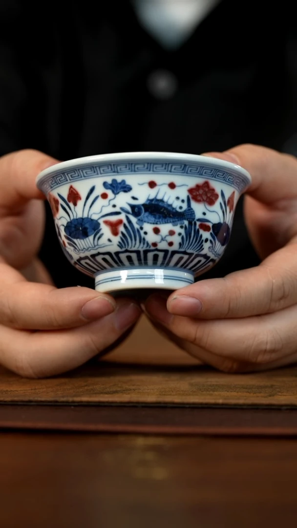 【闪购商品】釉里红鱼藻压手杯